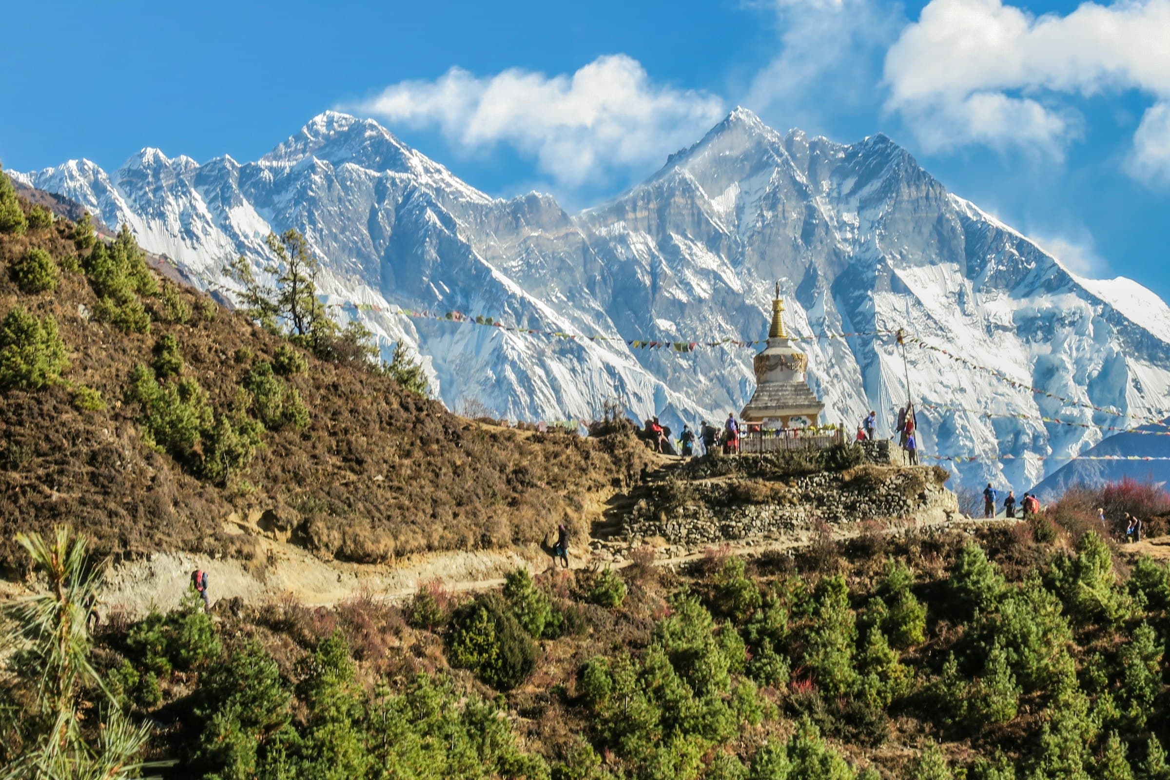 A stupa on a forested ridge below snow-capped Himalayan peaks